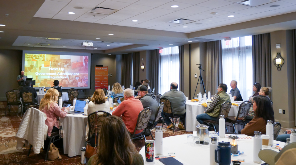 A presentation at a Rise & Shine event.